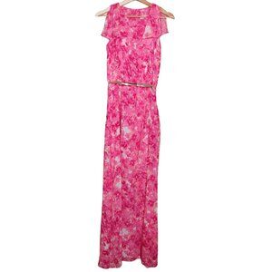 Calvin Klein Sheer Sleeveless Belted Floral Pink Maxi Dress 6